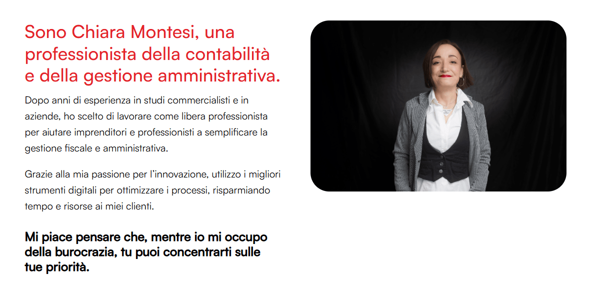 Chiara Montesi professionista della contabilità e della gestione amministrativa, testi di patrizia riso